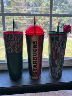 Starbucks Pink and Green Patterned Stainless Steel Tumbler Trio